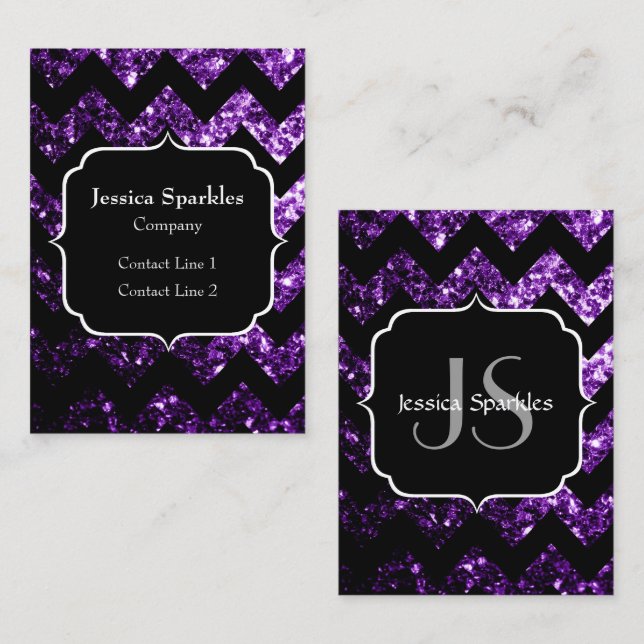 Mörk Lila sparkles black Chevron Monogram Visitkort (Fram/baksida)