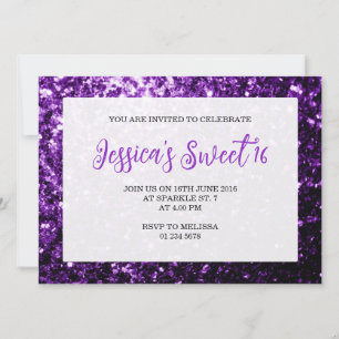 Mörk lila sparkles Sweet 16 elegant script Inbjudningar