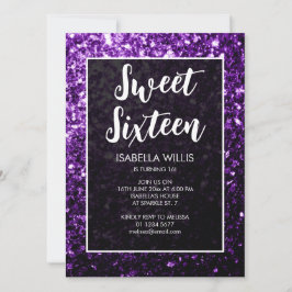 Mörk lila sparkles Sweet 16 elegant script Inbjudningar