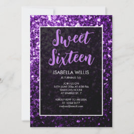 Mörk lila sparkles Sweet 16 elegant script Inbjudningar