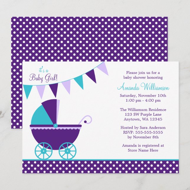 Mörk Lila Teal Bunting Carriage Baby Shower Inbjudningar (Fram/baksida)