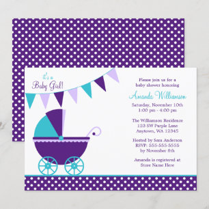 Mörk Lila Teal Bunting Carriage Baby Shower Inbjudningar