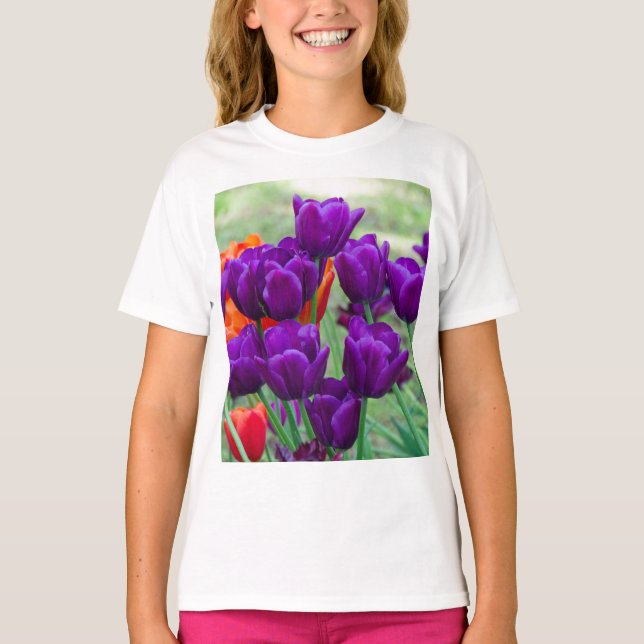 Mörk lila tulips jigszawa t shirt (Framsida)