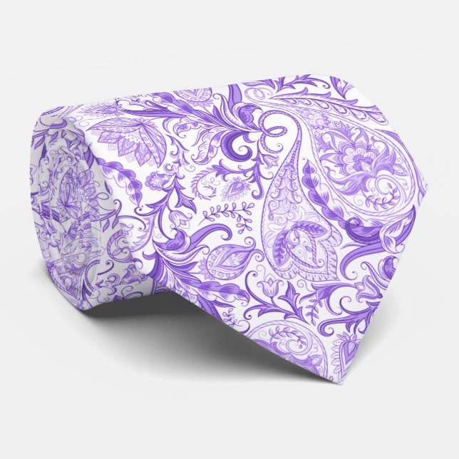 Mörk Lila Violet White Blommigt Paisley Mönster Slips (Rullad)