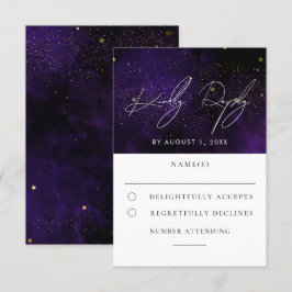 Mörk Lila Watercolor Magic Guld Bröllop OSA Kort