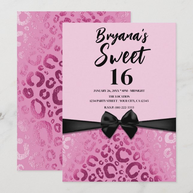 Mörk & Ljus Rosa Glam Leopardtryck Sweet 16 Inbjudningar (Fram/baksida)
