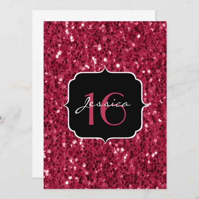 Mörk magenta rosa faux glitter sparkles Sweet 16 Inbjudningar (Fram/baksida)