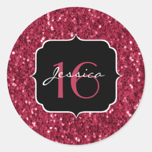 Mörk magenta rosa faux glitter sparkles Sweet 16 Runt Klistermärke