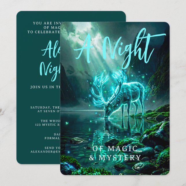 Mörk Magisk Lysande Cyan Andlig Hjort Fantasy Inbjudningar (Fram/baksida)