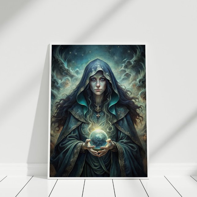 Mörk Måne Witch - Crystal Vision Wall Art Poster (Dark Moon Witch – Crystal Vision Wall Art in a white frame)