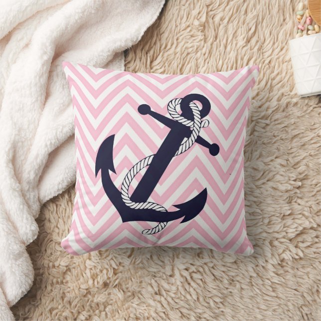 Mörk marinblå ankare rosa sicksack-chevron kudde (Filt)