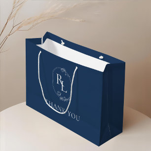 Mörk marinblå   Blommig monogram bröllop tack