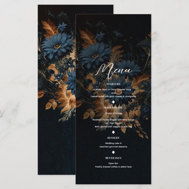 Mörk marinblå guld rustik glamour boho bröllopsmen meny (Fram/baksida)