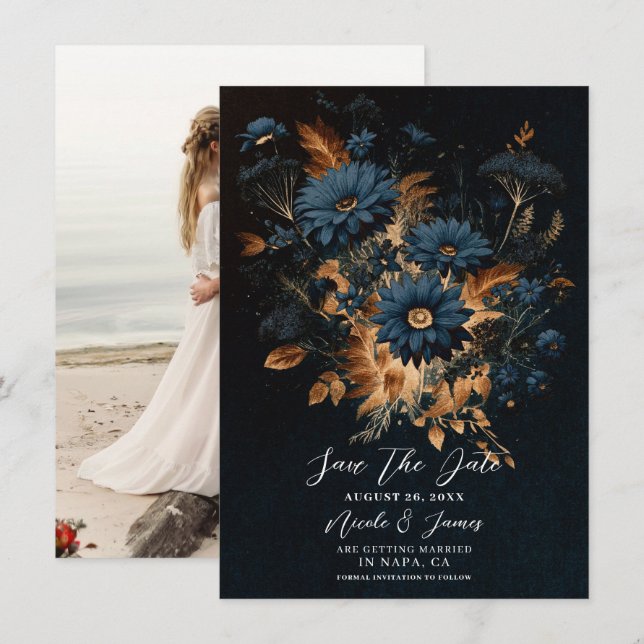 Mörk marinblå guld rustik glamour boho spara datum inbjudningar (Fram/baksida)