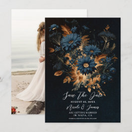 Mörk marinblå guld rustik glamour boho spara datum inbjudningar