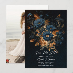 Mörk marinblå guld rustik glamour boho spara datum inbjudningar