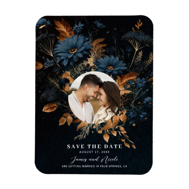 Mörk marinblå guld rustik glamour boho spara datum magnet (Vertikal)