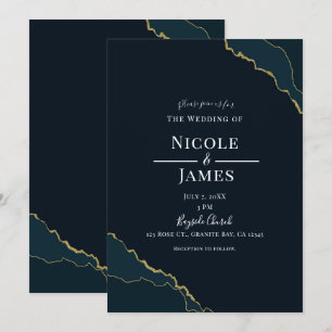 Mörk marinblå och guld modern elegant bröllop inbjudningar