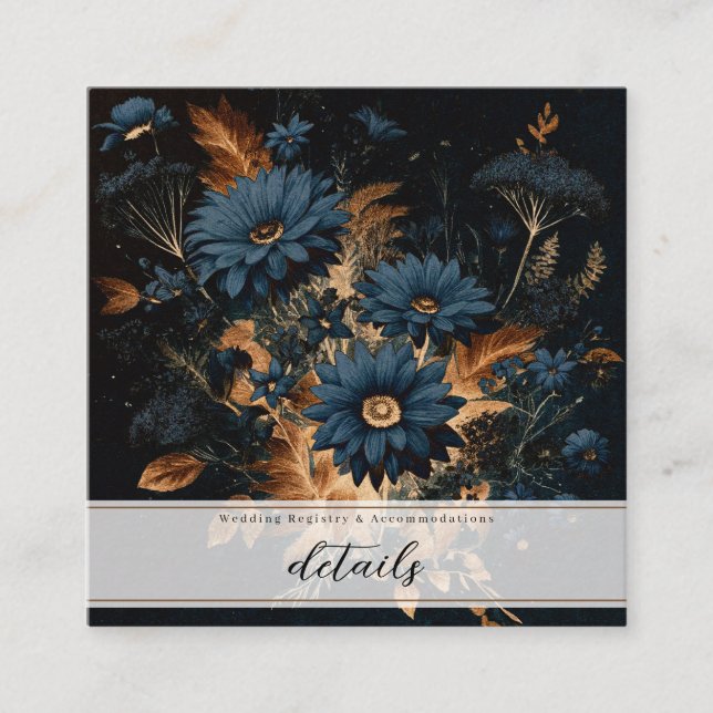 Mörk marinblå och guld rustik blomster glam boho fyrkantigt visitkort (Framsida)