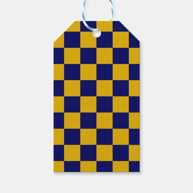 Mörk marinblå och senapsgul rutig presentetikett (Framsidan)