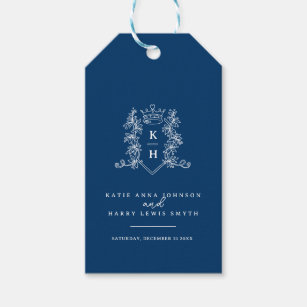 Mörk, marinblått, vitt foto krona monogram bröllop presentetikett
