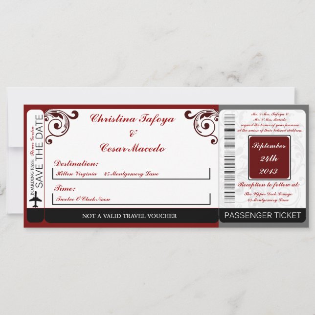 Mörk Maroon Grått Boarding Pass Wedding bjudande Inbjudningar (Framsida)