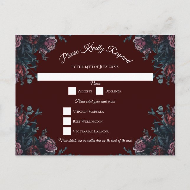 Mörk Maroon Mauve Gothic Elegant bröllop Helg Vykort (Framsida)