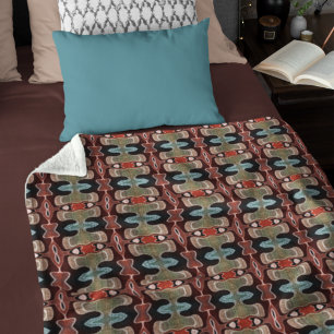 Mörk Maroon Red Orange Teal Blue Grönt Tribe Art Fleecefilt