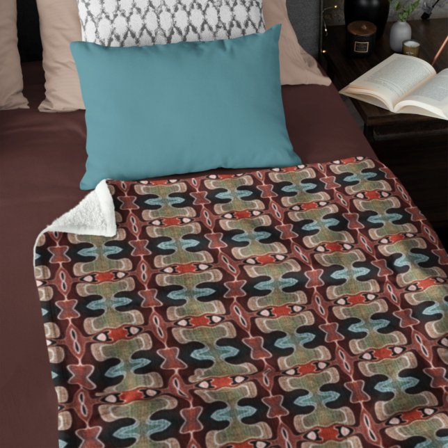 Mörk Maroon Red Orange Teal Blue Grönt Tribe Art Fleecefilt (Skapare uppladdad)