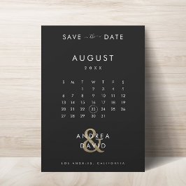 Mörk-matad foto Guld Ampersand och kalender Bröllo Spara Datumet