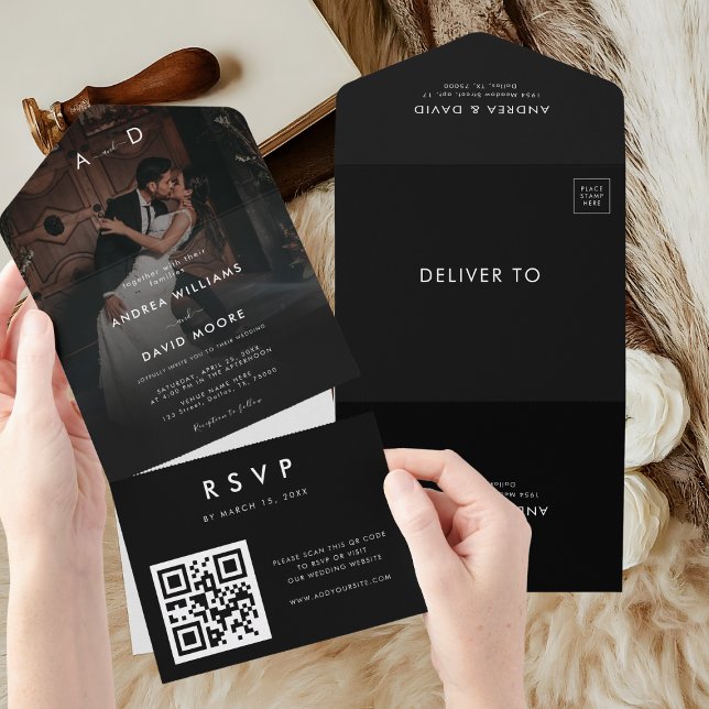 Mörk-matad fotomodern, minimalistisk QR-kod Bröllo (Skapare uppladdad)