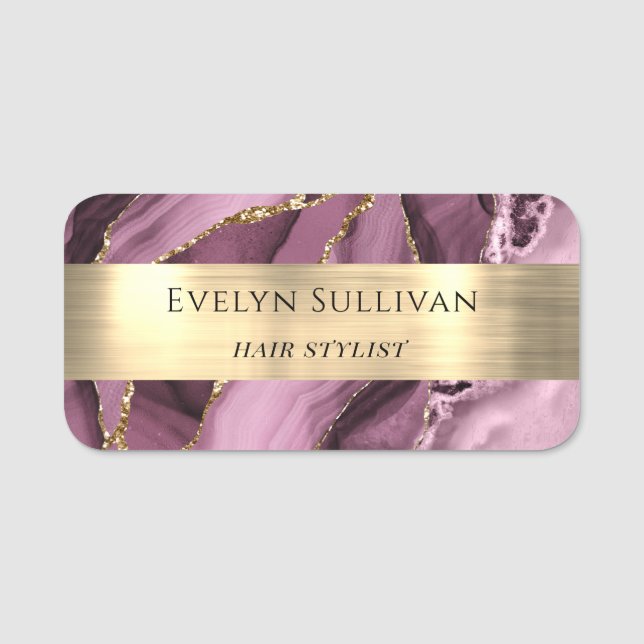 Mörk Mauve Agate Gold Foil Namn bricka Namnbricka (Framsida)