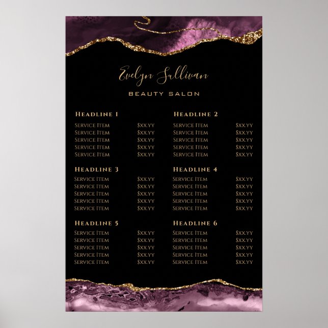 Mörk Mauve Agate Pris List Poster (Framsidan)