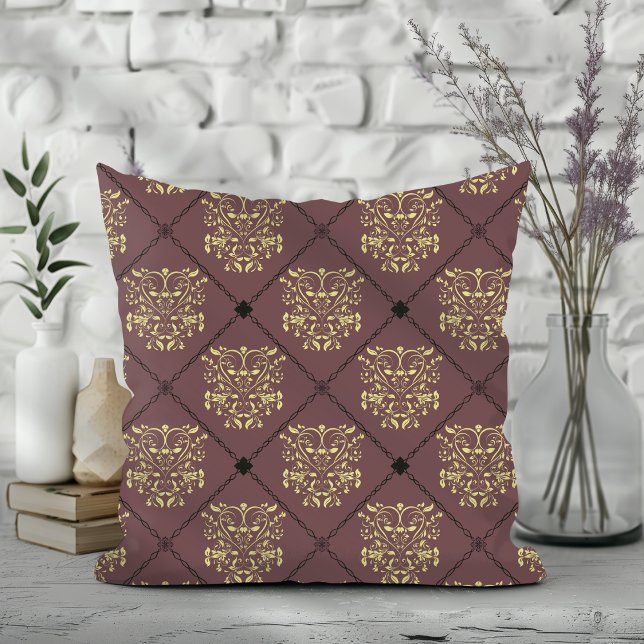 Mörk Mauve Diamond Damask Pattern Kudde (Skapare uppladdad)