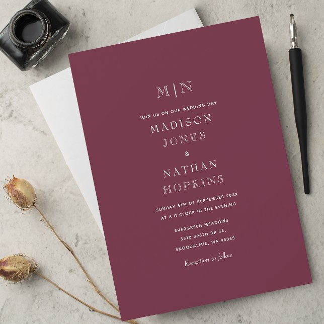Mörk Mauve Minimal Monogram Bröllop Inbjudningar (Skapare uppladdad)
