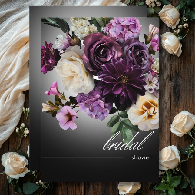 Mörk Midnight Lila Blommigt Romantik Möhippa Inbjudningar (Dark Midnight Purple Floral Romance Bridal Shower Invitation)