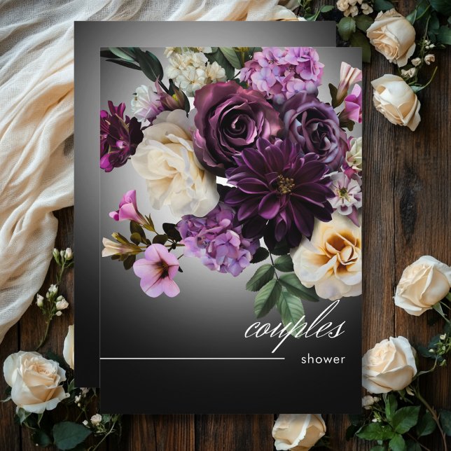 Mörk Midnight Lila Blommigt Romantik Par Shower Inbjudningar (Dark Midnight Purple Floral Romance Couples Shower Invitation)
