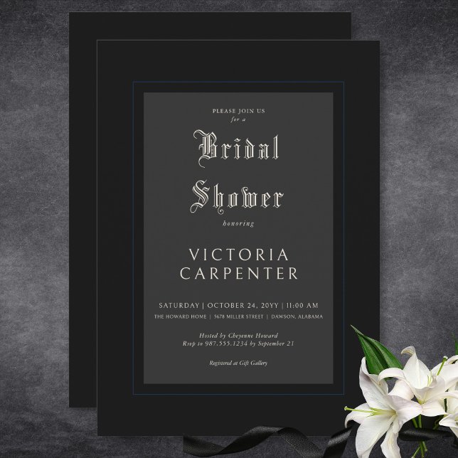 Mörk - minimalt svart och blå Möhippa Inbjudningar (Dark Gothic Minimal Black & Blue Bridal Shower Invitation)