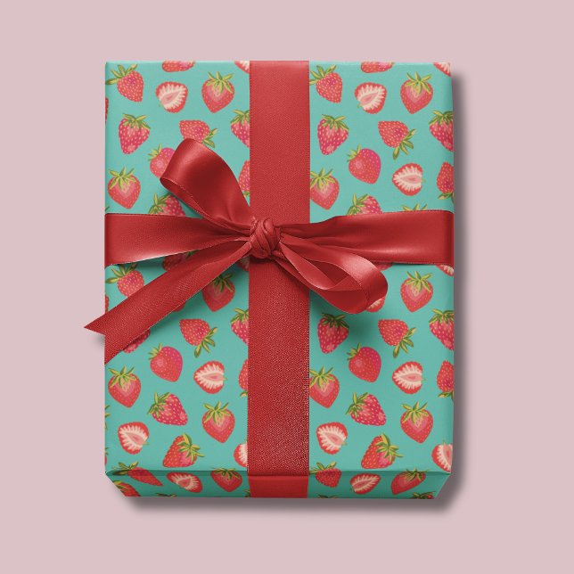 Mörk Mint Jordgubbspapper / Presentpapper (Cute strawberry summer fruit wrapping paper, ideal for birthdays gift wrap.)
