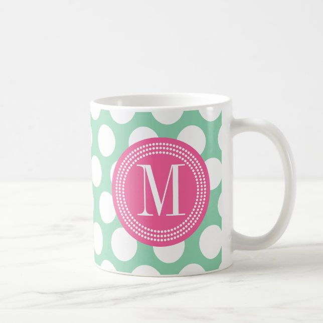 Mörk Mint & Monogrammed Pink| stor polka dots Kaffemugg (Höger)