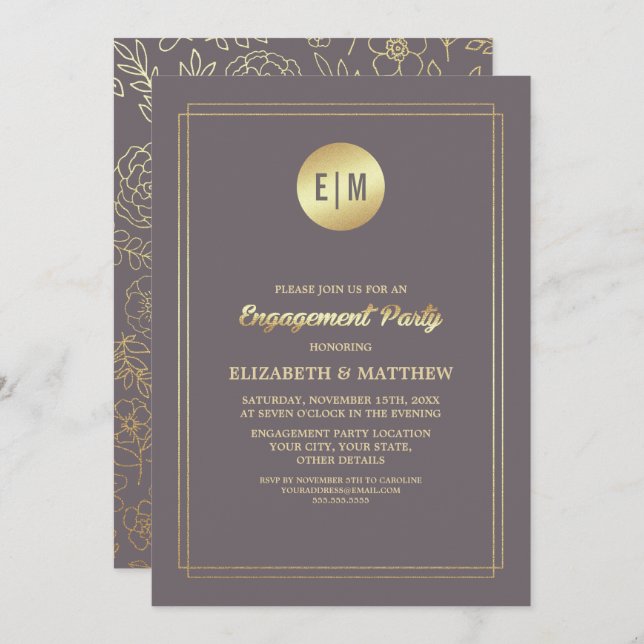 Mörk Mocha Guld Blommigt Förlovningsfest Inbjudningar (Fram/baksida)