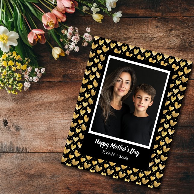Mörk Mode Golden Hearts Mors dag Kort (Dark mode faux gold hearts Mother's Day card)