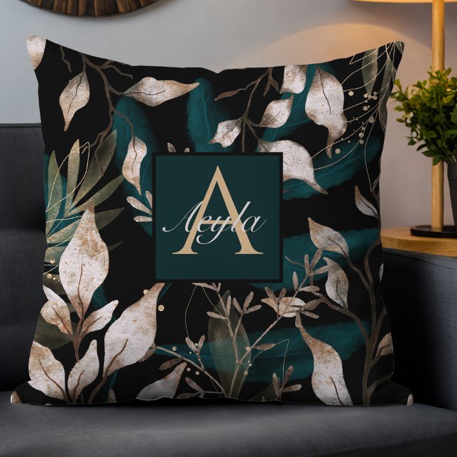 Mörk Modern Boho Botanical Löv Monogram Kudde (Skapare uppladdad)