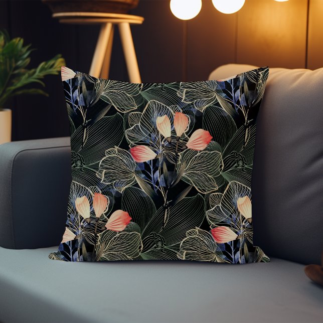 Mörk Modern Elegant Boho Blommigt Black Kudde (Skapare uppladdad)