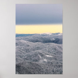Mörk molnar soligt himlar och snöskog under vinter poster