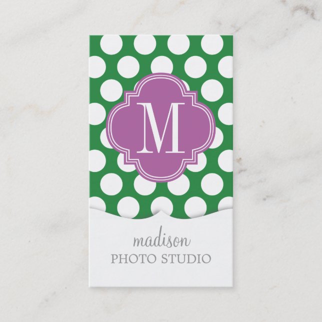 Mörk - Monogrammed grönt & purpurfärgad stor polka Visitkort (Framsida)