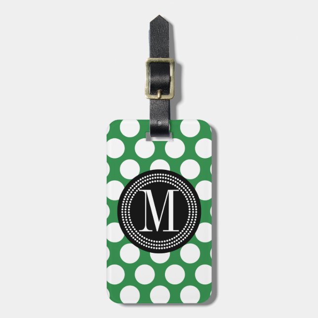 Mörk - Monogrammed grönt & svart stor polka dots Bagagebricka (Vertikal Framsida)