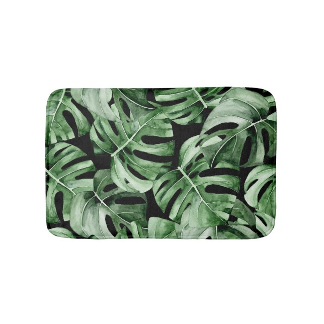Mörk Monstera: Tropical Watercolor Print. Badrumsmatta (Framsidan)
