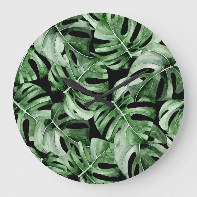Mörk Monstera: Tropical Watercolor Print. Stor Klocka (Framsida)