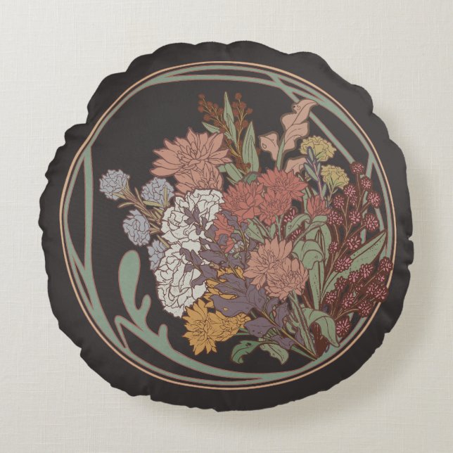 Mörk & Moody Art nouveau Blommigt Bouquet Rund Kudde (Framsidan)